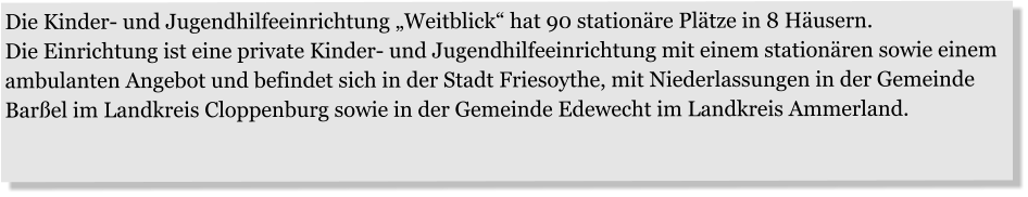 Die Kinder- und Jugendhilfeeinrichtung „Weitblick“ hat 90 stationäre Plätze in 8 Häusern.                     Die Einrichtung ist eine private Kinder- und Jugendhilfeeinrichtung mit einem stationären sowie einem ambulanten Angebot und befindet sich in der Stadt Friesoythe, mit Niederlassungen in der Gemeinde Barßel im Landkreis Cloppenburg sowie in der Gemeinde Edewecht im Landkreis Ammerland.